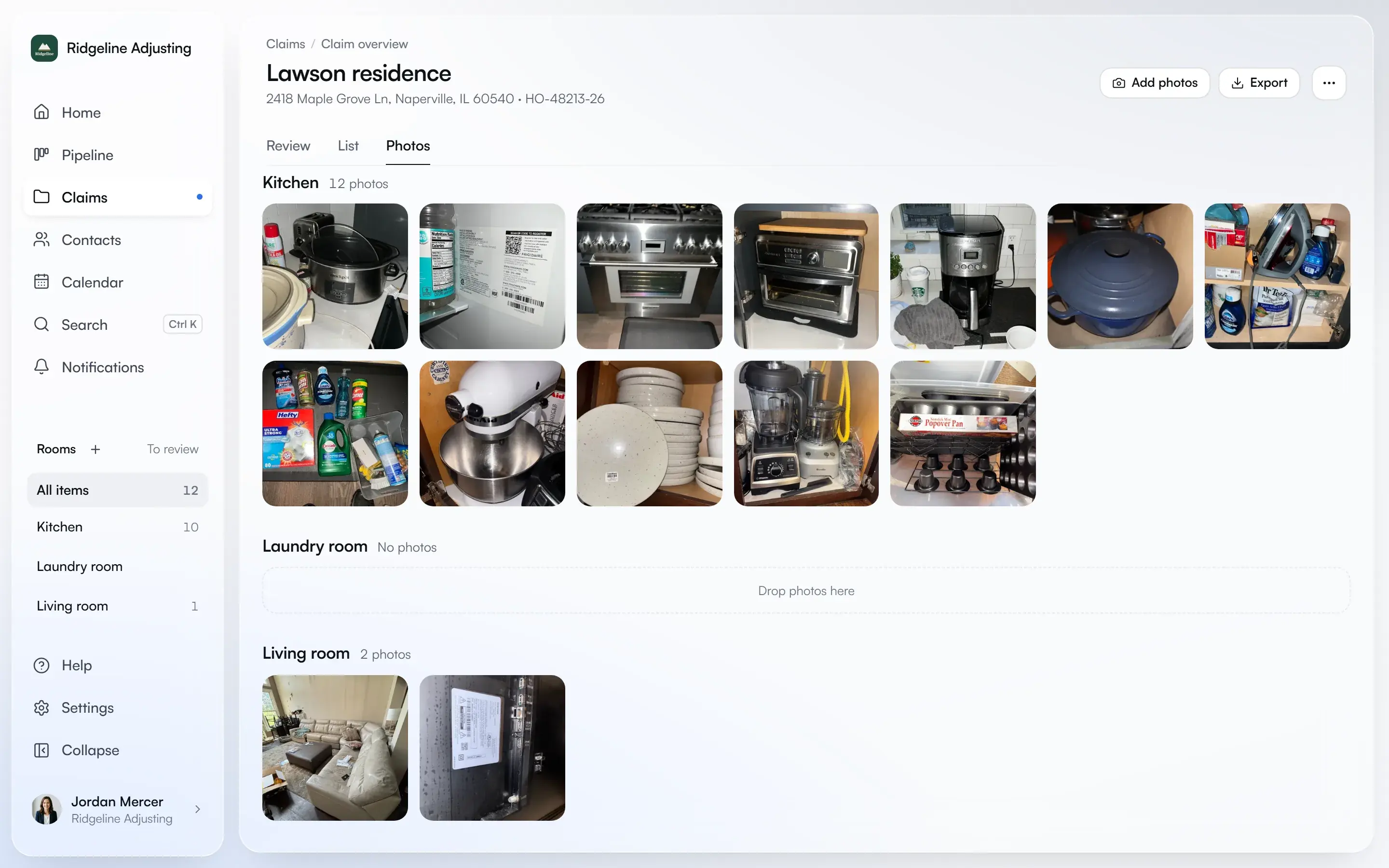 The Lawson residence photos, grouped by room: the kitchen appliances, cookware and cleaning shelf